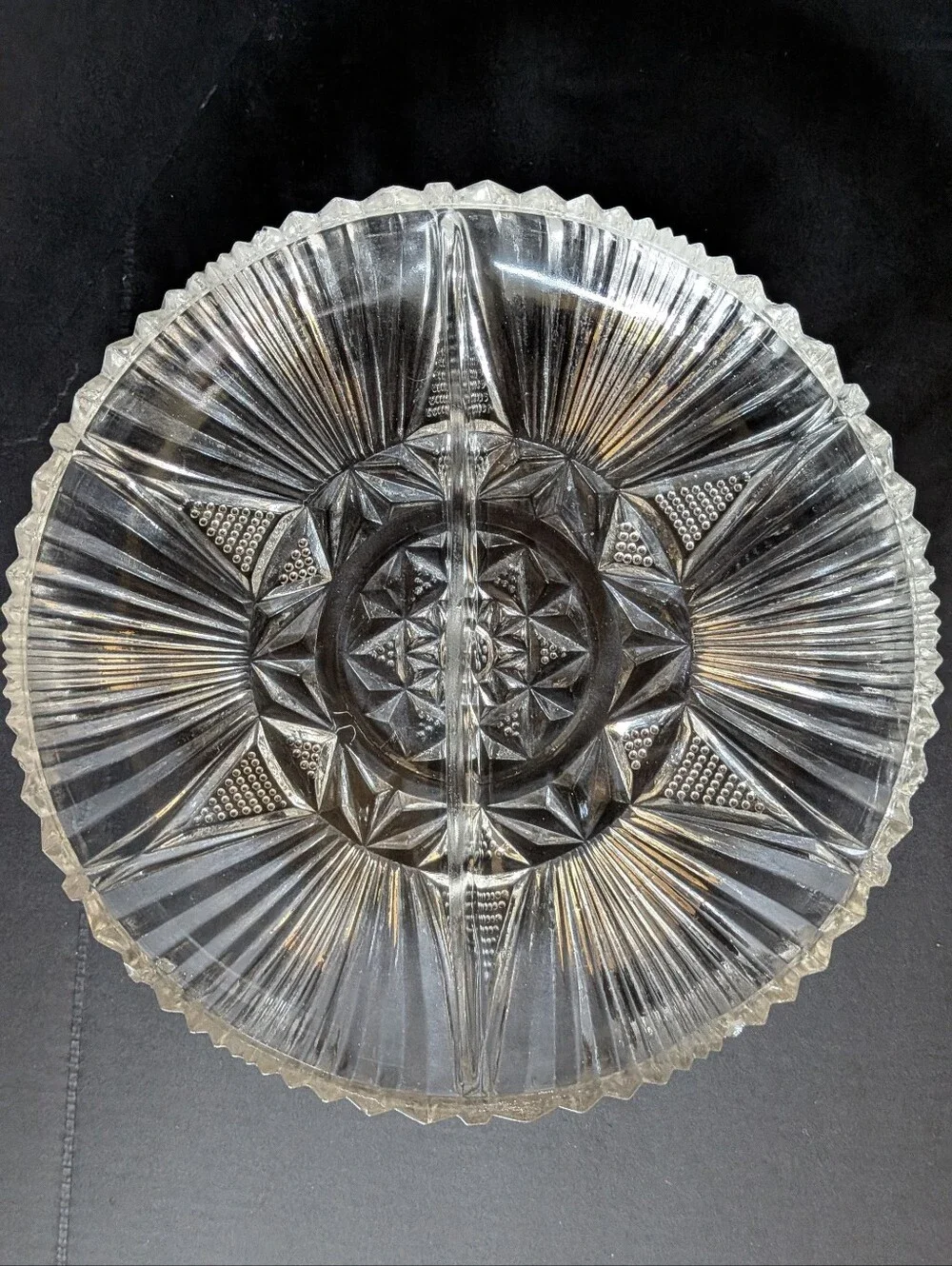 VTG MCM Indiana Glass Sunburst Fairfield Divided Serving Dish Clear 7